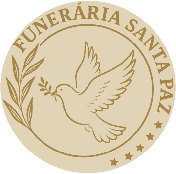 Funerária Santa Paz com símbolo de pomba e laurel, serviços de velório e sepultamento com respeito e dignidade.