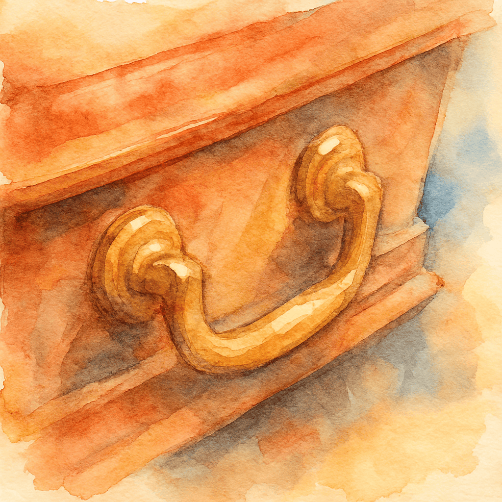 Manivela de gaveta de madeira envelhecida, detalhada em estilo aquarela.