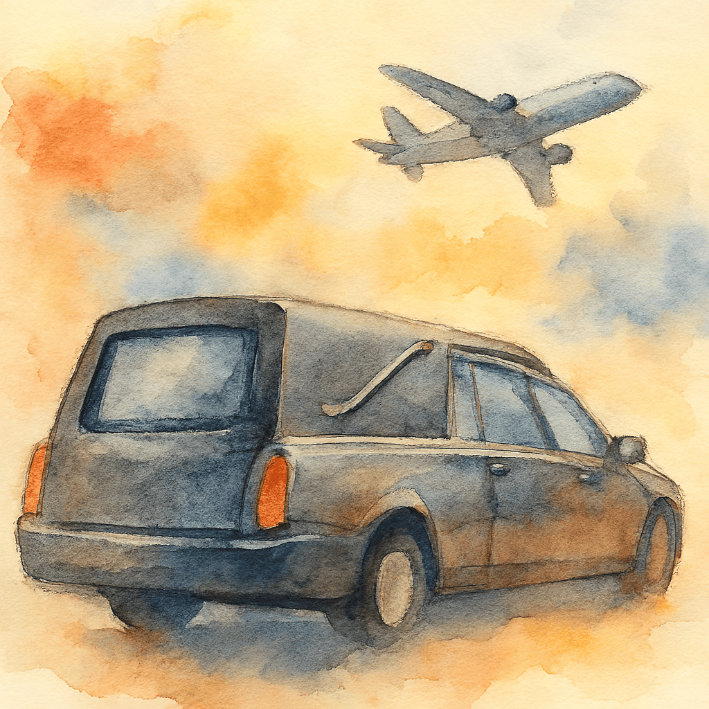 Voo de avião e carro de funeral em pintura aquarela, homenagem e transporte funerário.